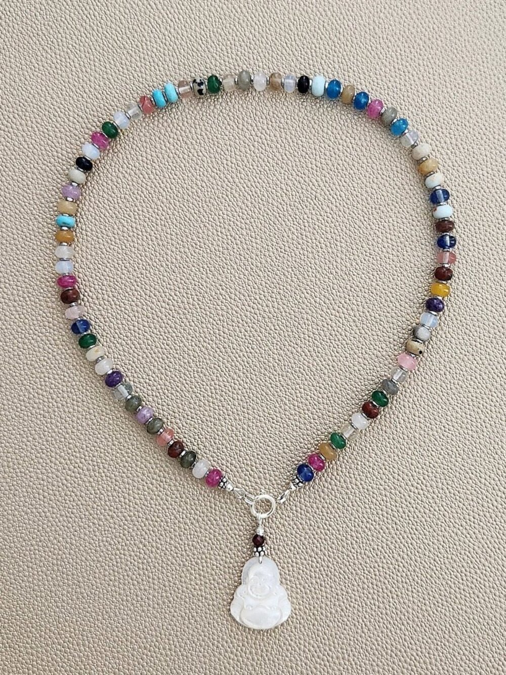 KAWAII MIXED GEMSTONE NECKLACE W/ HAPPY BUDDHA--16"